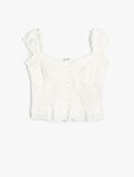 Poplin Bluz Crop Fırfırlı Kalın Askılı Düğmeli Kalp Yaka