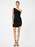 Tek Omuz Mini Abiye Elbise Simli Kolsuz Drapeli Slim Fit