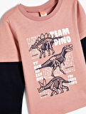 Dinozorlu Tişört Uzun Kollu Bisiklet Yaka Pamuklu