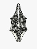 Halter Yaka Mayo Zebra Desenli Derin V Yaka Pencere Detaylı 