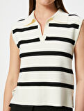 Polo Yaka Çizgili Kolsuz Triko Süveter