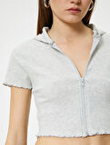 Fermuarlı Crop Tişört Uzun Kollu Slim Fit 