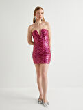 Pullu Payetli Straplez Gece Elbisesi Mini Boy V Yaka Slim Fit
