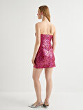 Pullu Payetli Straplez Gece Elbisesi Mini Boy V Yaka Slim Fit
