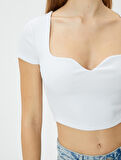 Kalp Yaka Crop Tişört Ribanalı Kısa Kollu Slim Fit