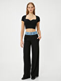 Kalp Yaka Crop Tişört Ribanalı Kısa Kollu Slim Fit