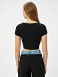 Kalp Yaka Crop Tişört Ribanalı Kısa Kollu Slim Fit