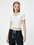 Crop Tişört Gömlek Yaka Düğmeli Kaşkorse Kısa Kollu Slim Fit