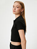 Crop Polo Yaka Tişört Kısa Kollu Slim Fit Kaşkorse Viskon