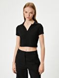 Crop Polo Yaka Tişört Kısa Kollu Slim Fit Kaşkorse Viskon
