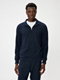 Yarım Fermuarlı Dokulu Pamuk Karışımlı Basic Uzun Kollu Sweatshirt