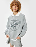 Polo Yaka Sweatshirt Oversize Kolej Baskılı Uzun Kollu