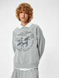 Polo Yaka Sweatshirt Oversize Kolej Baskılı Uzun Kollu