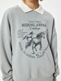 Polo Yaka Sweatshirt Oversize Kolej Baskılı Uzun Kollu