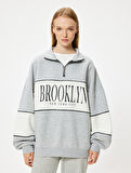 Oversize Sweatshirt Yarım Fermuarlı Kolej Baskılı Renk Bloklu Şardonlu