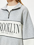 Oversize Sweatshirt Yarım Fermuarlı Kolej Baskılı Renk Bloklu Şardonlu