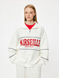 Oversize Sweatshirt Yarım Fermuarlı Kolej Baskılı Şardonlu
