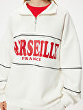Oversize Sweatshirt Yarım Fermuarlı Kolej Baskılı Şardonlu