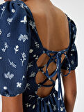 Çiçekli Midi Elbise Bodycon Kare Yaka Balon Kol Yırtmaç Detaylı 