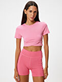 Crop Spor Tişört Slim Fit Bisiklet Yaka Katlı Kısa Kollu