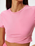 Crop Spor Tişört Slim Fit Bisiklet Yaka Katlı Kısa Kollu