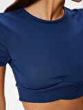 Crop Spor Tişört Slim Fit Bisiklet Yaka Katlı Kısa Kollu
