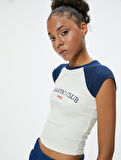 Crop Spor Tişört Baskılı Bisiklet Yaka Reglan Kollu Slim Fit