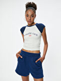 Crop Spor Tişört Baskılı Bisiklet Yaka Reglan Kollu Slim Fit