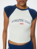 Crop Spor Tişört Baskılı Bisiklet Yaka Reglan Kollu Slim Fit