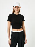 Crop Tişört Pamuklu Korse Detaylı Bisiklet Yaka Kısa Kollu