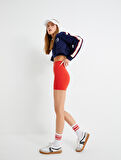 Fermuarlı Crop Sweatshirt Dik Yaka Çizgili Renk Bloklu İnterlok