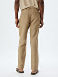 Keten Pantolon Slim Fit Chino Düğmeli Cep Detaylı