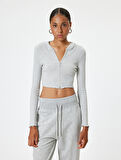 Crop Kapüşonlu Fermuarlı Hırka Uzun Kollu Slim Fit
