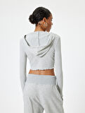 Crop Kapüşonlu Fermuarlı Hırka Uzun Kollu Slim Fit