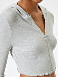 Crop Kapüşonlu Fermuarlı Hırka Uzun Kollu Slim Fit