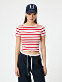 Kısa Kollu Crop Penye Tişört Bisiklet Yaka Slim Fit 