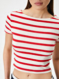 Kısa Kollu Crop Penye Tişört Bisiklet Yaka Slim Fit 