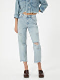 Çok Yıpratmalı Kısa Düz Kesik Paça Kot Pantolon Cepli - Eve Straight Jeans