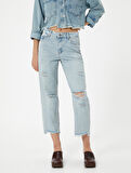 Çok Yıpratmalı Kısa Düz Kesik Paça Kot Pantolon Cepli - Eve Straight Jeans