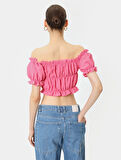Omzu Açık Fırfırlı Bluz Crop Kısa Kollu Büzgülü Gofre Kumaş