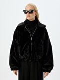Fermuarlı Crop Oversize Bomber Peluş Ceket