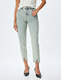 Mom Fit Kot Pantolon Standart Bel Yırtmaç Detaylı Düğmeli Cepli Pamuklu - Mom Fit Jeans