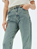 Mom Fit Kot Pantolon Standart Bel Yırtmaç Detaylı Düğmeli Cepli Pamuklu - Mom Fit Jeans