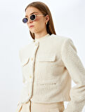 Kapaklı Cep Detaylı Yakasız Crop Tüvit Blazer Ceket 