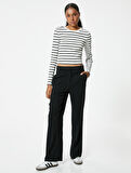 Uzun Kollu Crop Tişört Bisiklet Yaka Slim Fit Pamuklu