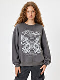 Oversize Sweatshirt Kelebek Baskılı Bisiklet Yaka Şardonlu