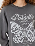 Oversize Sweatshirt Kelebek Baskılı Bisiklet Yaka Şardonlu
