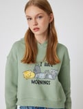 Oversize Crop Sweatshirt Kapüşonlu Kedi Baskılı 