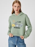 Oversize Crop Sweatshirt Kapüşonlu Kedi Baskılı 