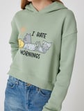 Oversize Crop Sweatshirt Kapüşonlu Kedi Baskılı 